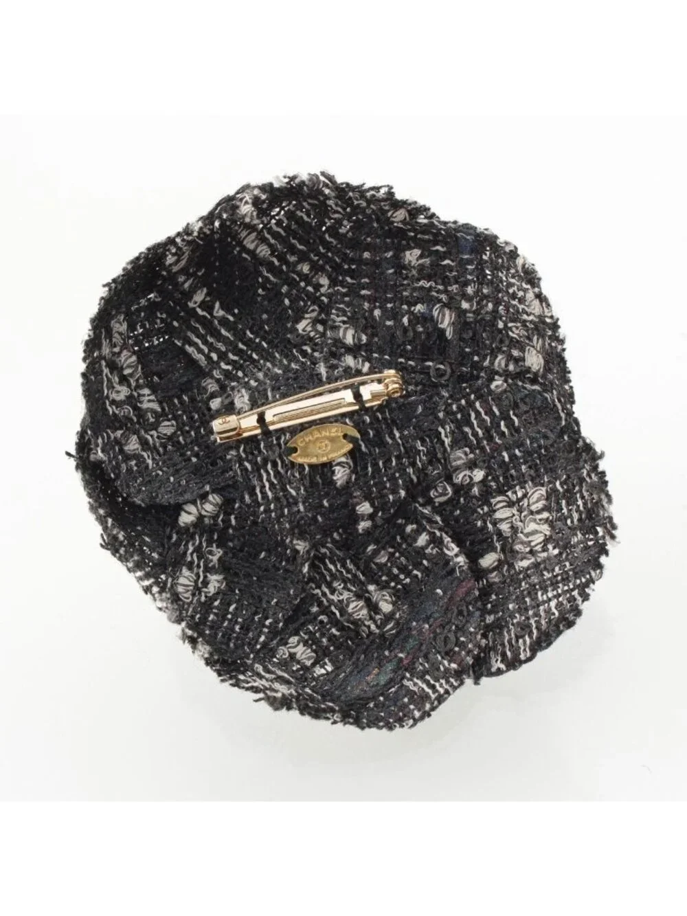 Chanel Tweed Wool Contrast Flower Motif Corsage Brooch Black White